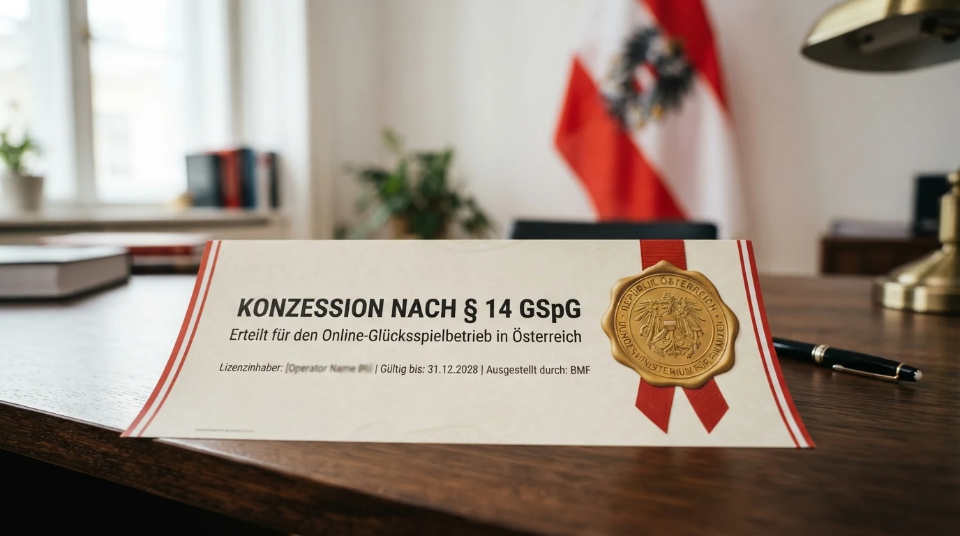 Eine stilisierte österreichische Flagge neben einem offiziellen Dokument mit der Aufschrift „Konzession nach § 14 GSpG“ und dem BMF-Siegel