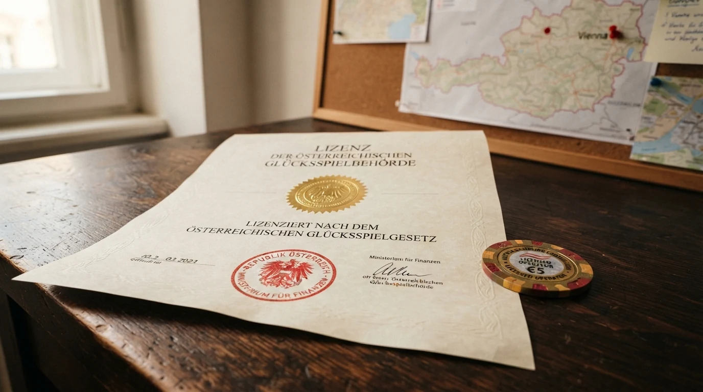 Eine stilisierte Österreich-Karte mit der win2day-Konzession als einzigem markierten Punkt und mehreren grauen Markierungen für Anbieter ohne AT-Zulassung