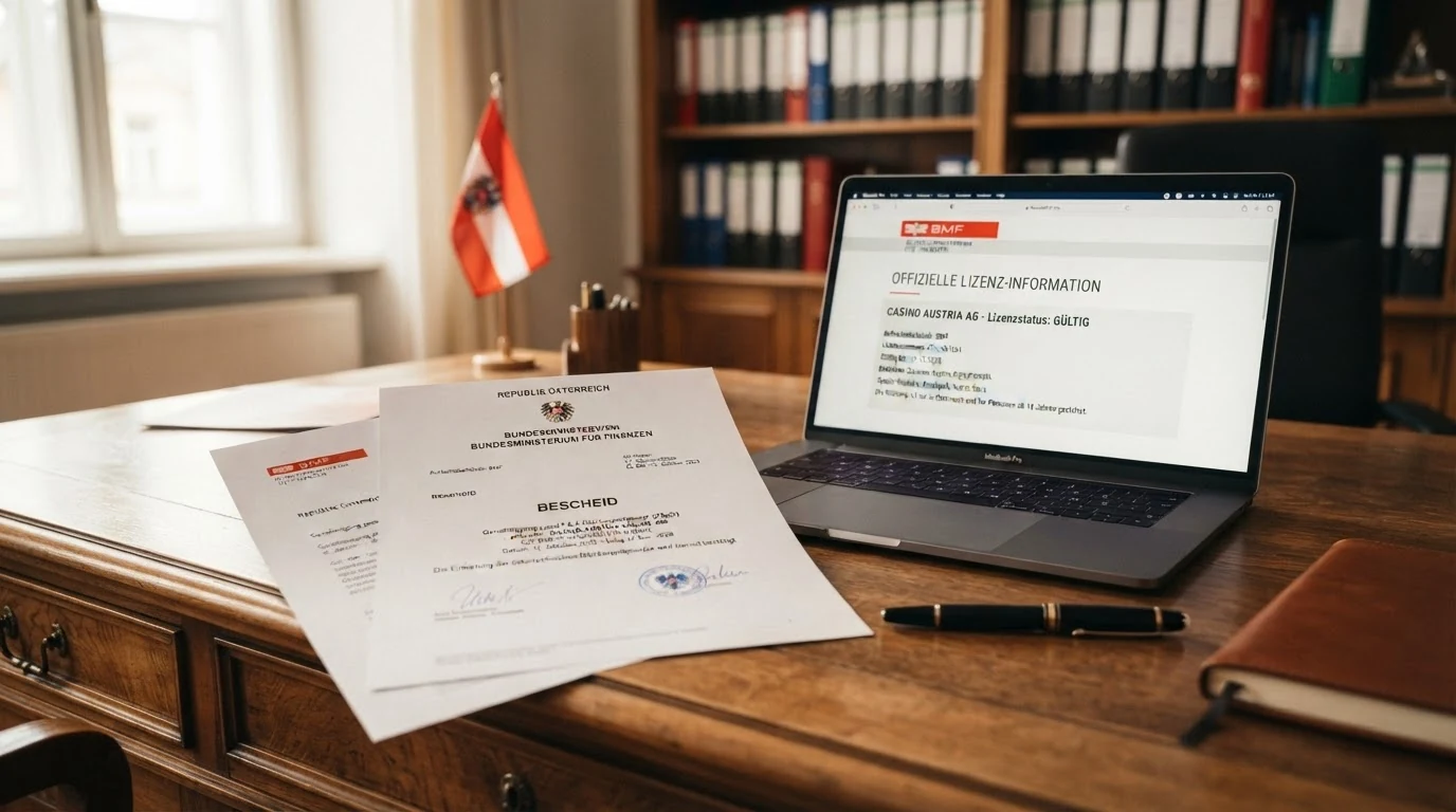 Offizielle Dokumente mit österreichischem Bundeswappen und BMF-Siegel neben einem Bildschirm mit Casino-Lizenzinformationen