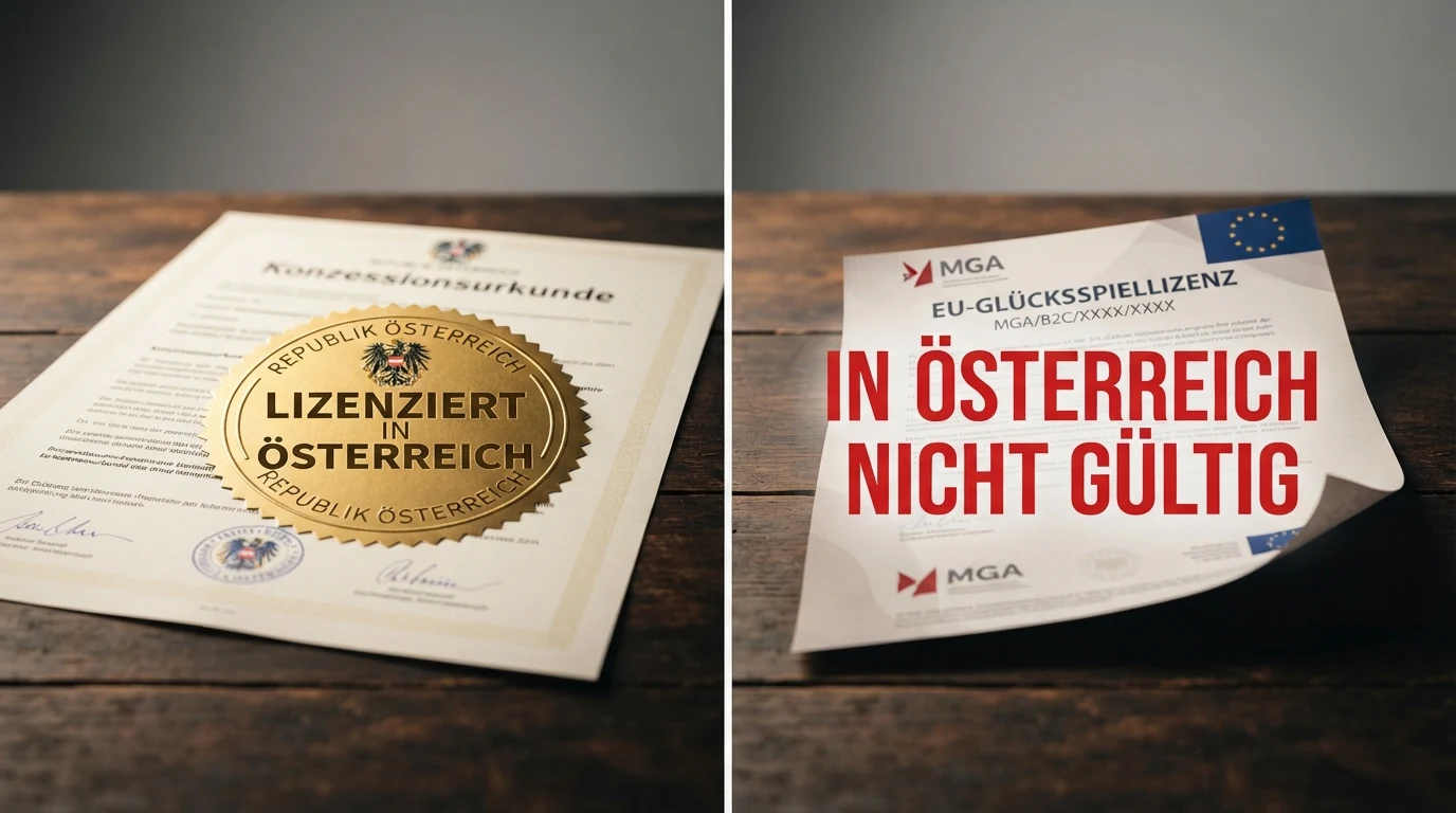 Zwei Spalten: links das österreichische Konzessionssiegel mit win2day-Logo, rechts eine MGA-Lizenzurkarte mit dem Hinweis „in Österreich nicht gültig“