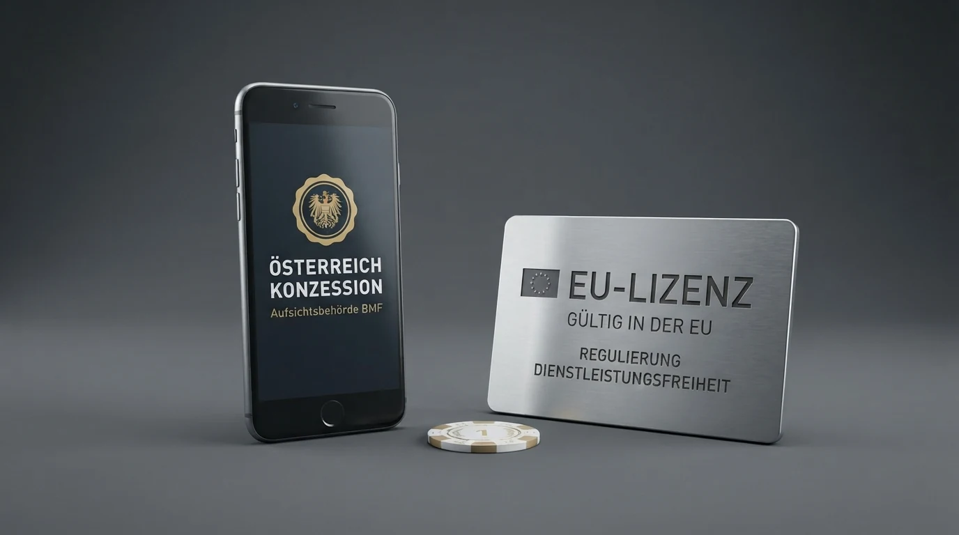 Nahaufnahme eines Smartphone-Displays mit dem BMF-Logo und dem Begriff „Konzession“ neben einem MGA-Lizenzsiegel — Visualisierung des Unterschieds zwischen EU-Lizenz und AT-Konzession