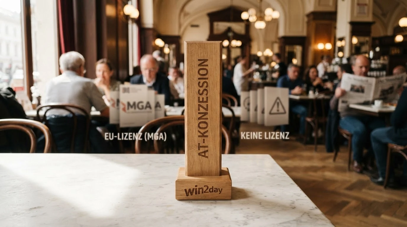 Ein Schaubild, das das österreichische Glücksspiel-Lizenzsystem visualisiert: eine Säule „AT-Konzession“ mit win2day, daneben die Kategorien „EU-Lizenz (MGA)“ und „Keine Lizenz“