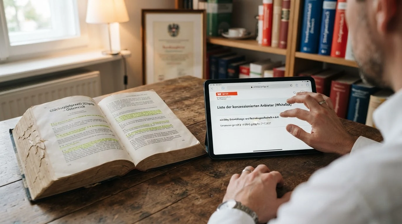 Aufgeschlagenes Gesetzbuch mit markierten Paragrafen des GSpG, daneben ein Tablet mit der BMF-Whitelist-Ansicht