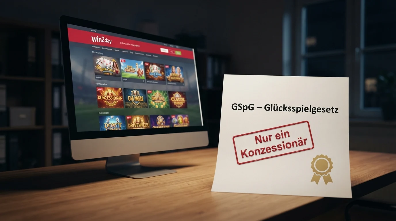 Offizielles win2day-Logo neben einer stilisierten Gesetzestafel mit der Aufschrift „GSpG — Glücksspielgesetz“ und einem „Nur ein Konzessionär“-Stempel