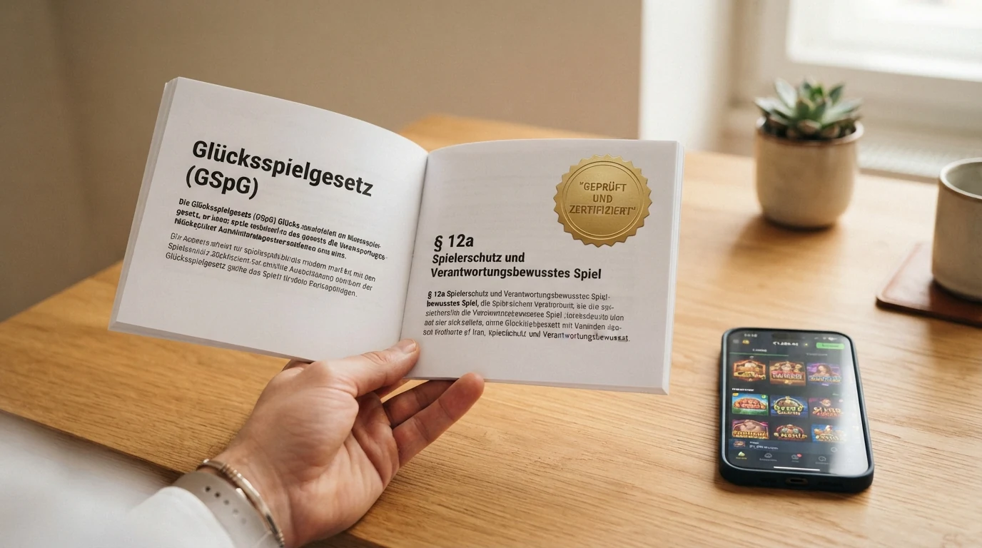 Das offizielle österreichische Glücksspielgesetz (GSpG) als Dokument mit Markierung des § 12a und einem Stempel „Eine Konzession — win2day“ auf der rechten Seite.