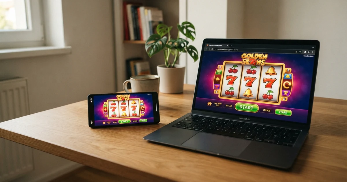 Eine Nahaufnahme eines Smartphones und eines Laptops, auf deren Bildschirmen dasselbe bunte Slot-Spiel im Browser läuft, ohne sichtbare Anmeldemaske oder App-Icon.