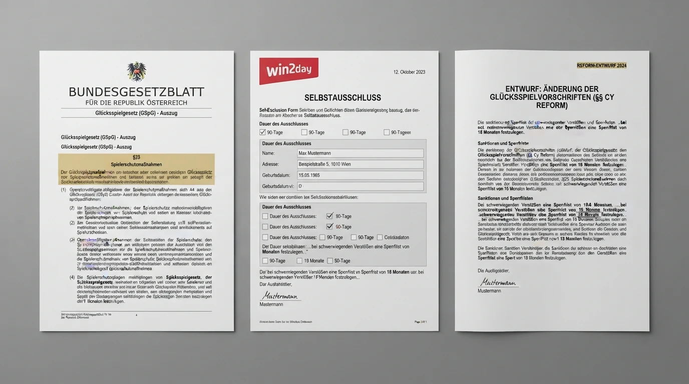 Drei nebeneinander liegende Dokumente: ein GSpG-Auszug mit markiertem §25, ein win2day-Selbstsperre-Formular und der Reform-Entwurf 2026