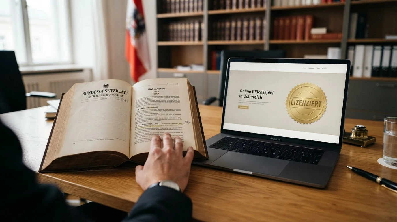 Ein Screenshot des § 12a GSpG im österreichischen Bundesgesetzblatt mit Markierung des Konzessionsvorbehalts, im Hintergrund das BMF-Gebäude.