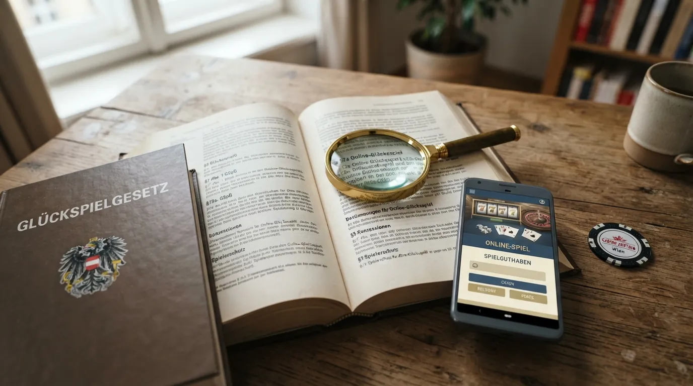 Ein aufgeschlagenes Gesetzbuch mit dem Titel „Glücksspielgesetz“ und dem österreichischen Bundesadler, daneben eine Lupe über einem Smartphone mit Casino-Oberfläche