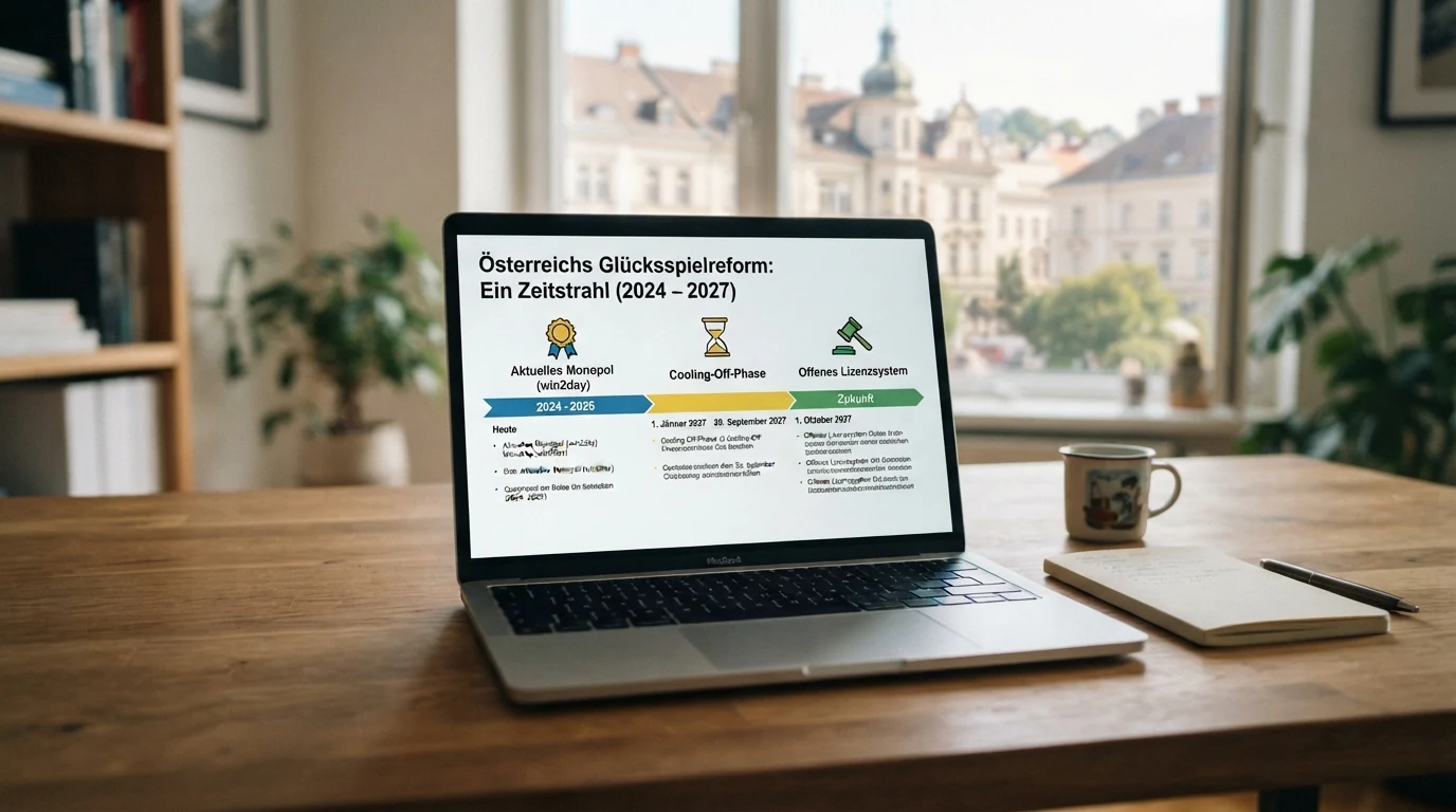 Zeitleiste der österreichischen Glücksspielreform von 2026 bis Oktober 2027 mit den wichtigsten Eckdaten