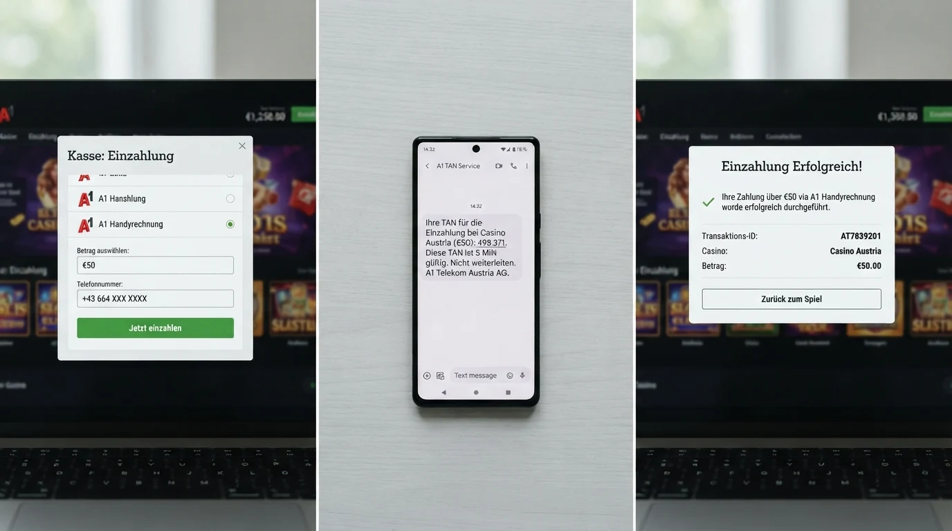 Schematische Darstellung des Einzahlungsvorgangs: Casino-Kasse, SMS-TAN auf dem Handy-Display, Bestätigungsbildschirm