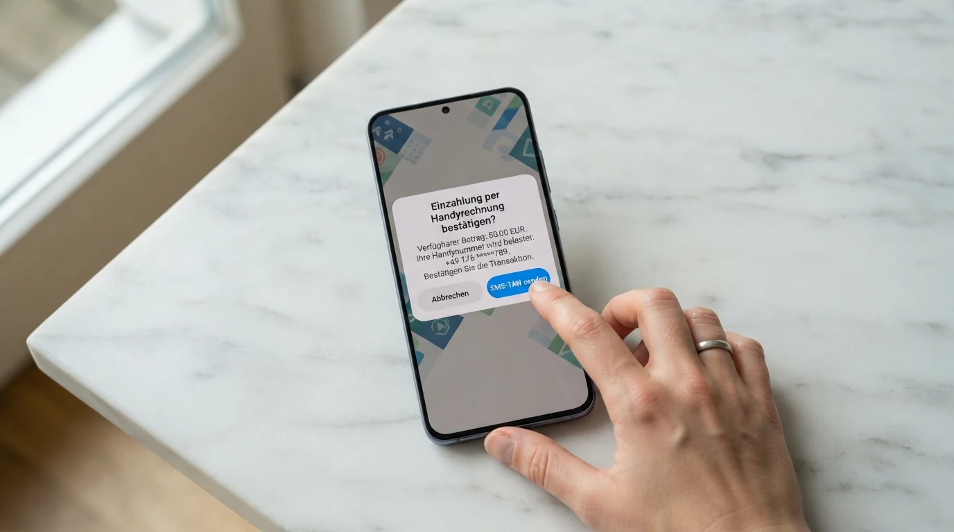 Ein Smartphone-Bildschirm zeigt den Bestätigungsdialog einer Casino-Einzahlung per Handyrechnung mit SMS-Bestätigung