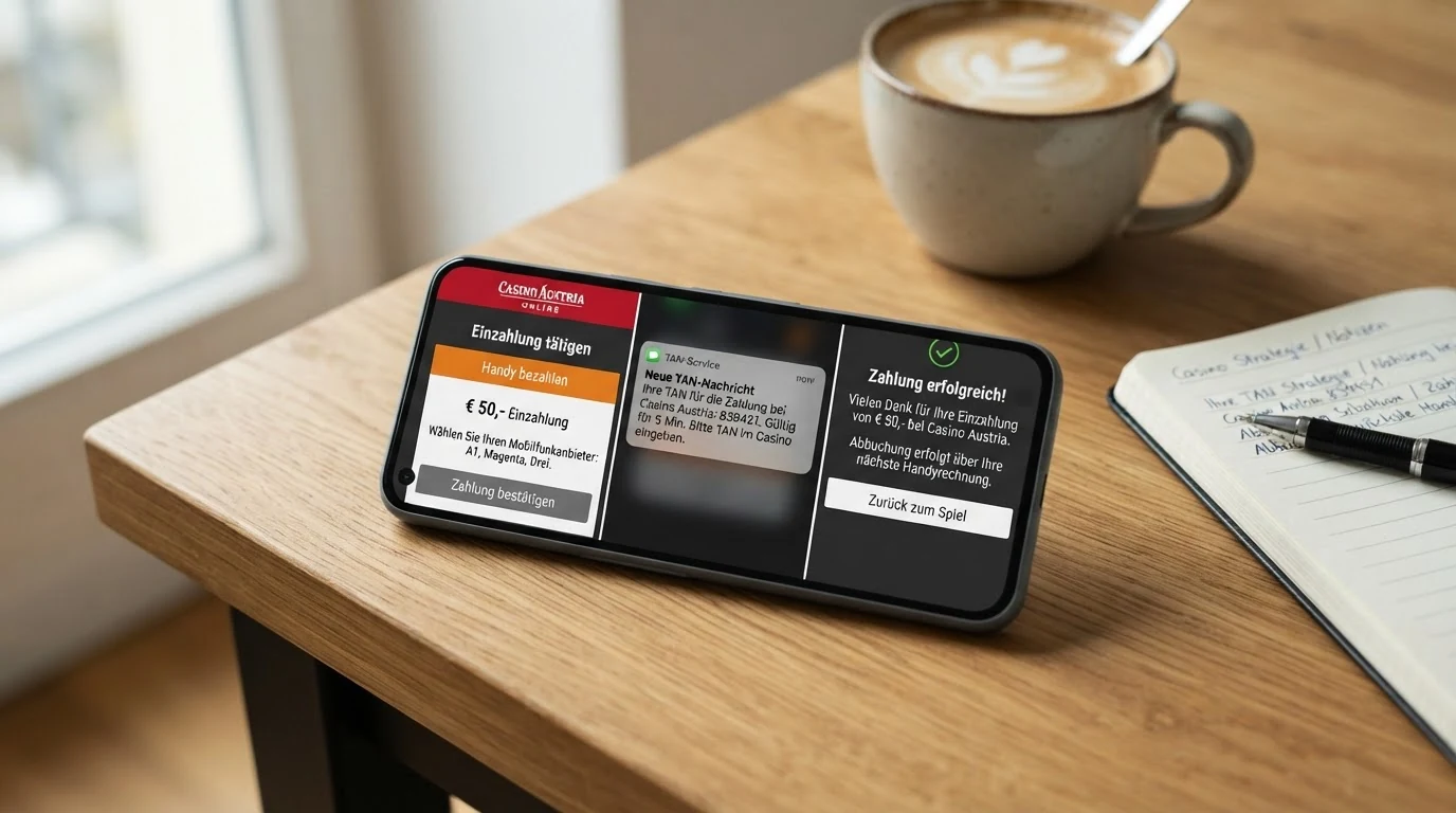 Drei nummerierte Schritte als stilisierte Smartphone-Animation: Casino-Kasse mit Auswahl „Handyrechnung“, SMS-Bestätigung mit TAN-Code, Betrag auf der Mobilfunkrechnung markiert