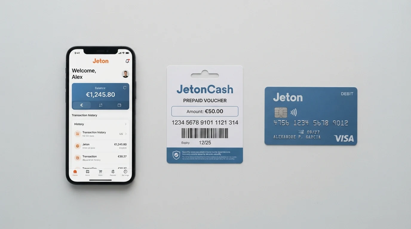 Drei Jeton-Produkte nebeneinander auf einer hellen Fläche: das Wallet-App-Icon auf einem Smartphone-Display, ein JetonCash-Voucher mit sichtbarem 19-stelligen Code, und eine blaue Jeton Visa Debit Card