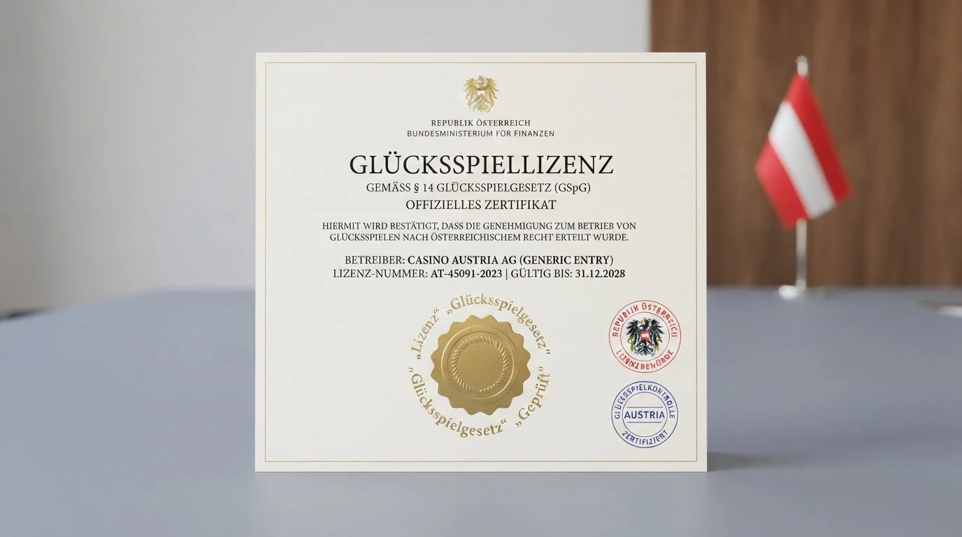 Ein offiziell wirkendes Dokument mit Stempel und dem Text „Konzession gemäß § 14 GSpG“, daneben die Logos von BMF und win2day vor einer österreichischen Flagge