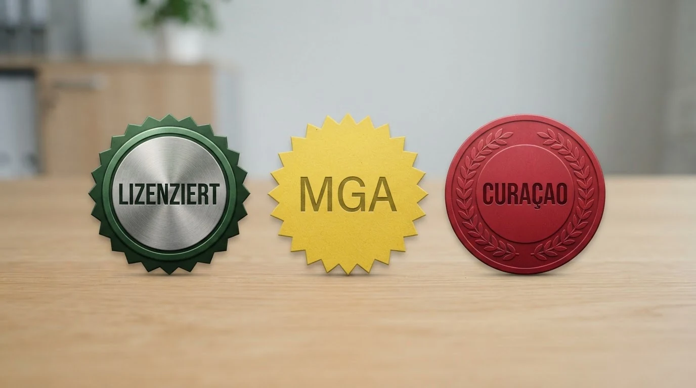 Drei nebeneinanderliegende Lizenzdokumente: BMF-Konzession (grün markiert), MGA-Lizenz (gelb), Curaçao-Lizenz (rot)