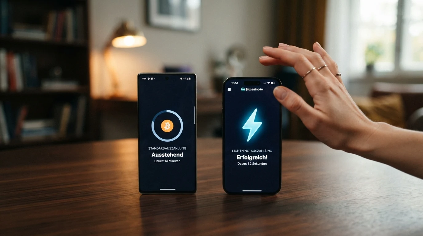 Zwei nebeneinanderliegende Smartphones – links eine Standard-Bitcoin-Transaktion mit Ladebalken, rechts eine Lightning-Transaktion mit Blitzsymbol und der Anzeige „52 Sekunden“