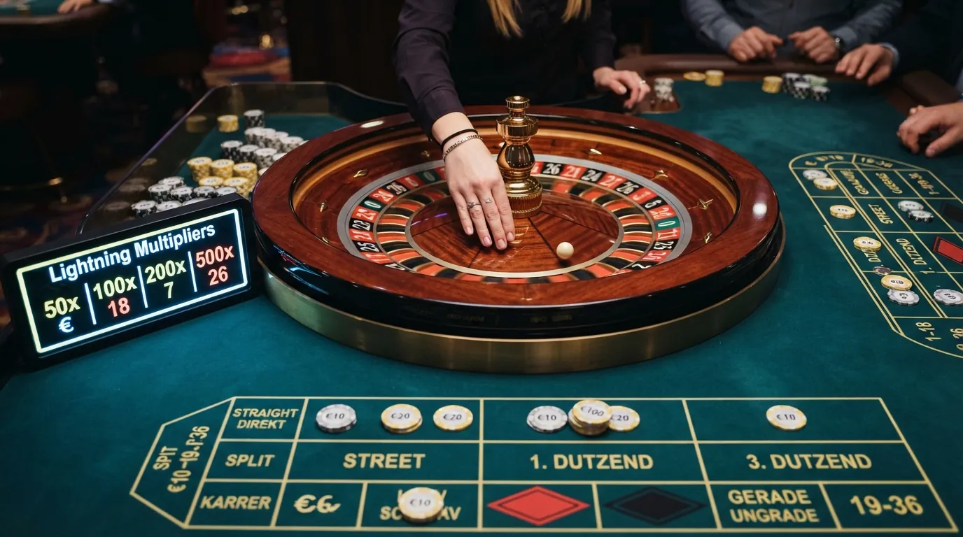 Ein Croupier am Lightning-Roulette-Tisch, im Moment der Zahlenauslosung, mit eingeblendeten Multiplikator-Werten auf dem Bildschirm