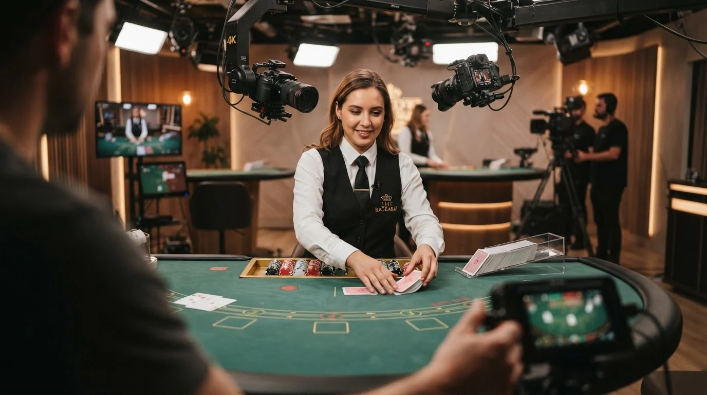 Ein Live-Casino-Studio mit professionellem Dealer am Punto-Banco-Tisch, mehrere Kameras im 4K-Streaming-Setup