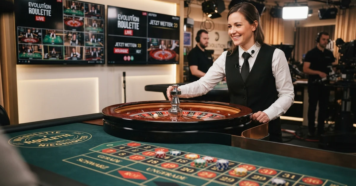 Ein Live-Roulette-Tisch mit deutschsprachigem Croupier in einem Evolution-Gaming-Studio, das Tableau mit Wettmöglichkeiten im Vordergrund, mehrere Kamera-Perspektiven auf Monitoren sichtbar