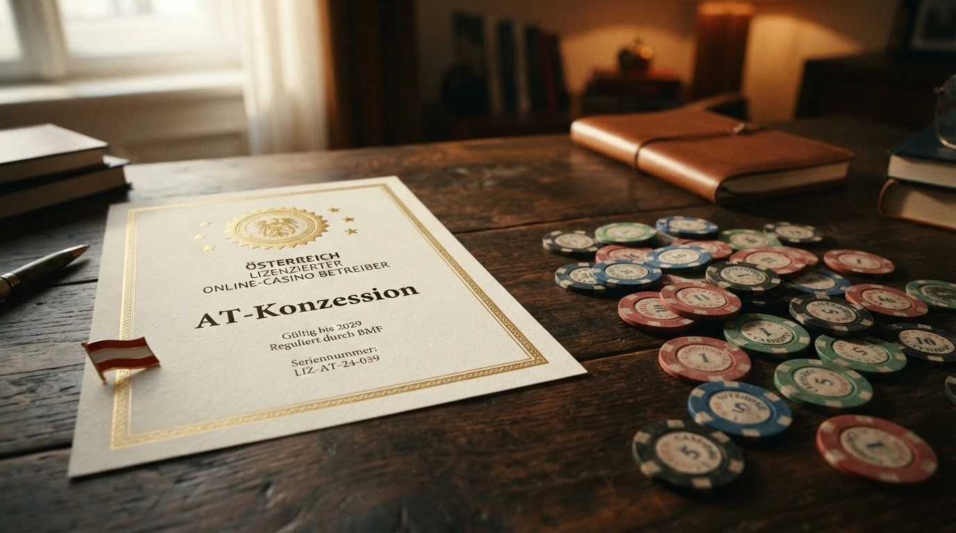 Grafische Gegenüberstellung: links das win2day-Logo mit dem Vermerk „AT-Konzession“, rechts eine Gruppe internationaler Casino-Logos mit „MGA / Offshore — keine AT-Lizenz“