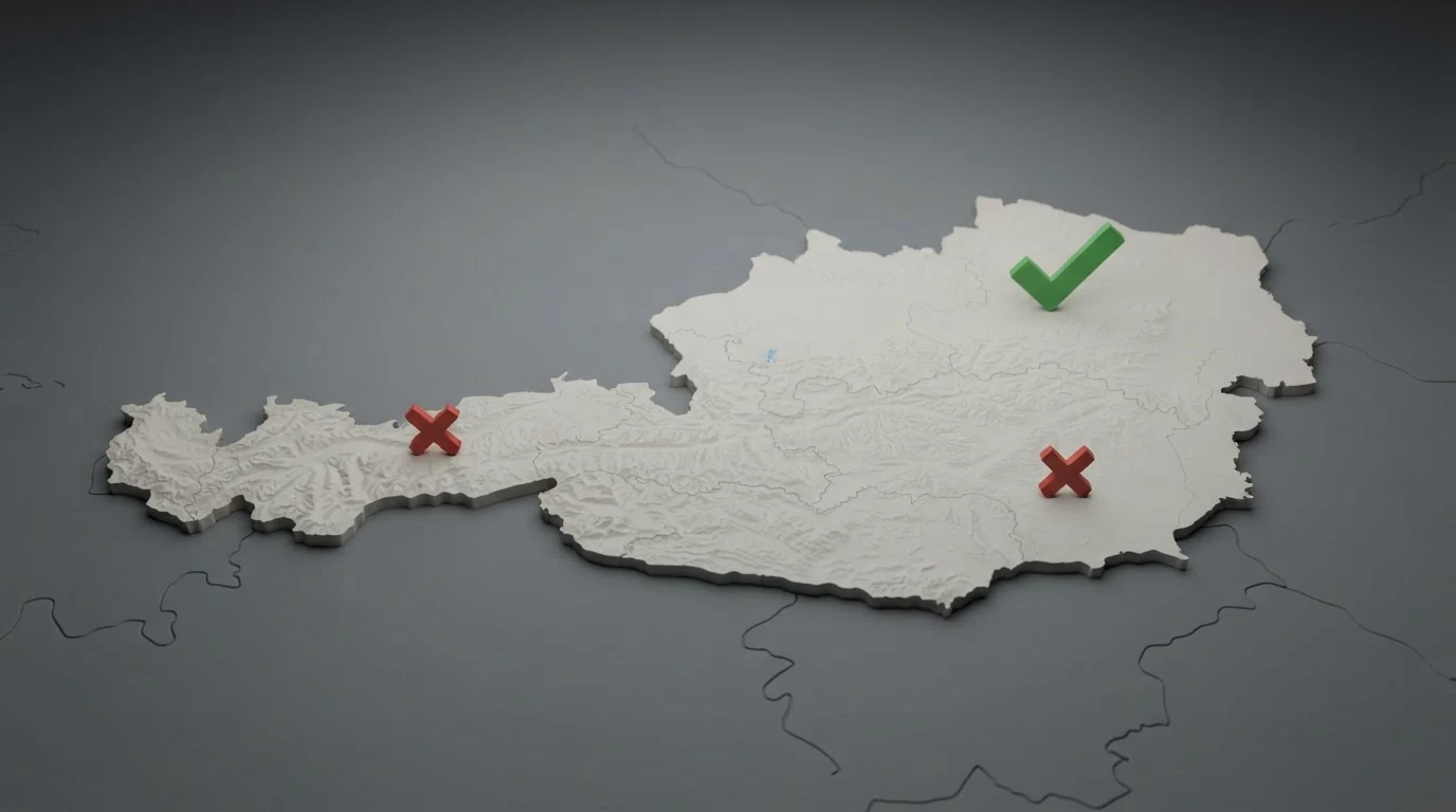 Eine stilisierte Österreich-Karte, auf der win2day mit einem grünen Häkchen und alle MGA-/Curaçao-/Gibraltar-Lizenzen mit einem roten Kreuz markiert sind