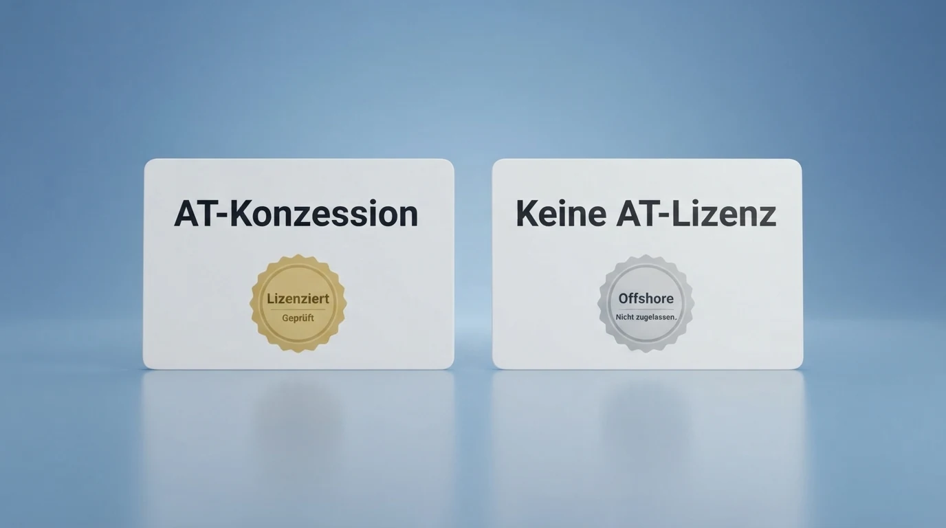 Eine grafische Gegenüberstellung: links das win2day-Logo mit „AT-Konzession“, rechts eine Gruppe von Offshore-Casino-Logos mit „Keine AT-Lizenz“