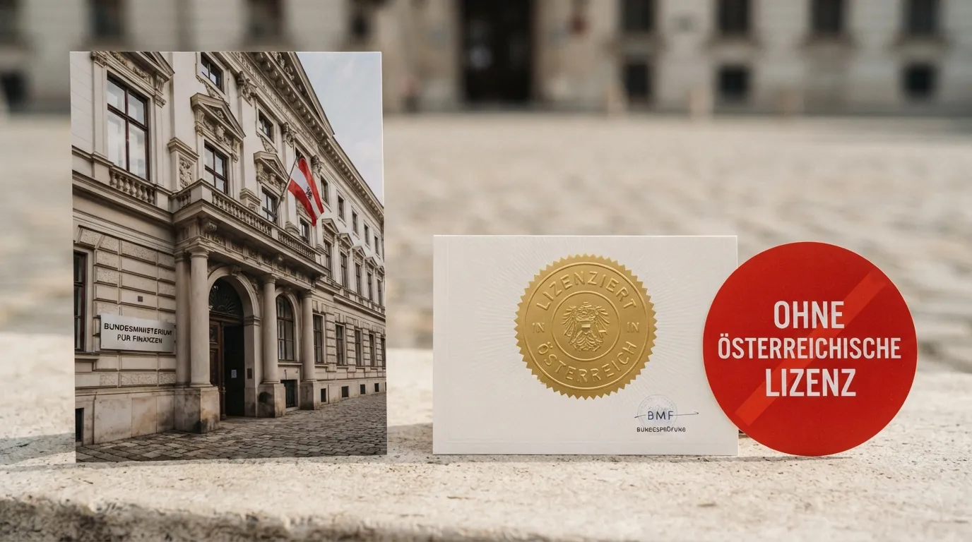 Das BMF-Gebäude in Wien mit dem österreichischen Bundeswappen, daneben das win2day-Logo und ein durchgestrichenes „Offshore-Lizenz“-Schild