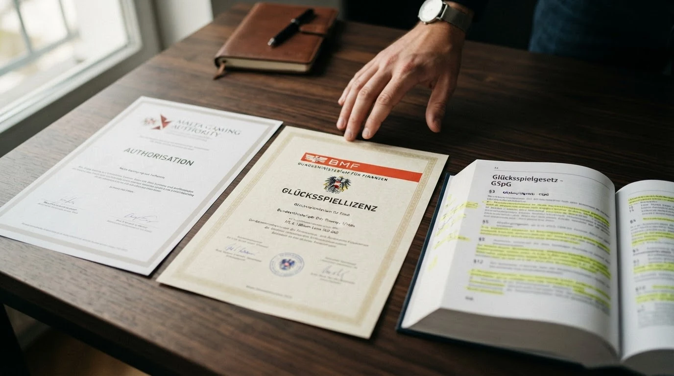 Drei nebeneinander liegende Dokumente: eine österreichische BMF-Konzessionsurkunde, eine MGA-Lizenz aus Malta und das GSpG-Gesetzblatt mit Paragrafen-Markierungen