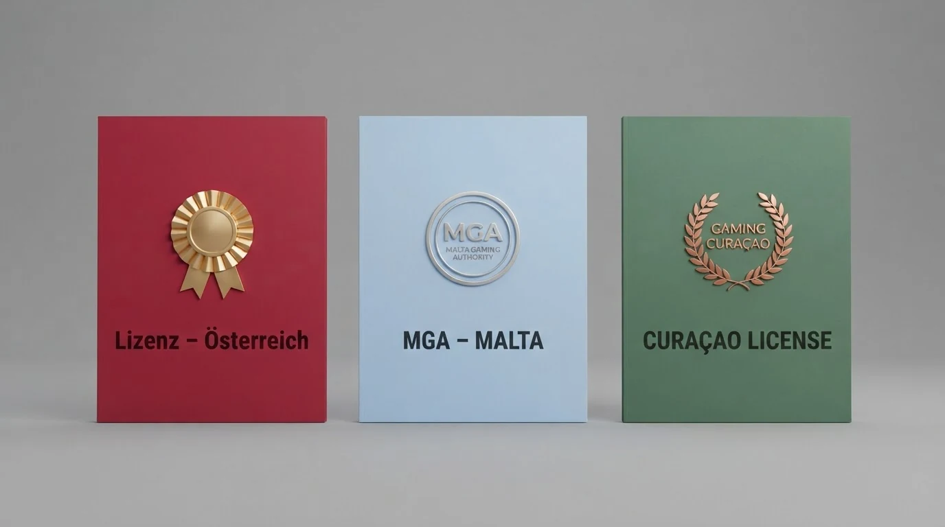 Drei stilisierte Dokumente mit den Aufschriften AT-Konzession, MGA und Curaçao, angeordnet wie eine Rangfolge von links nach rechts