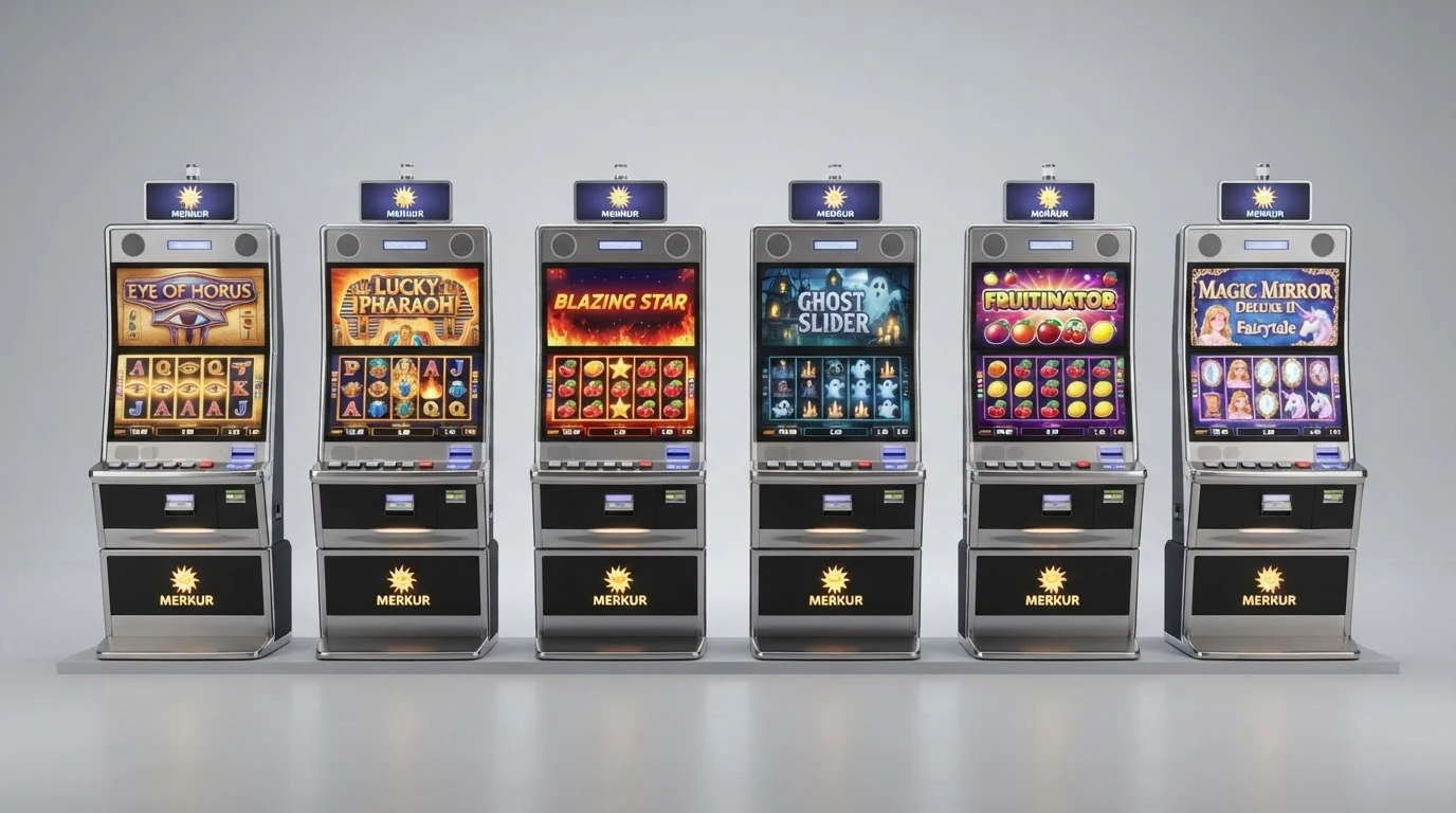 Collage aus sechs Merkur-Slot-Titelbildern — Eye of Horus, Lucky Pharaoh, Blazing Star, Ghost Slider, Fruitinator und Magic Mirror Deluxe II