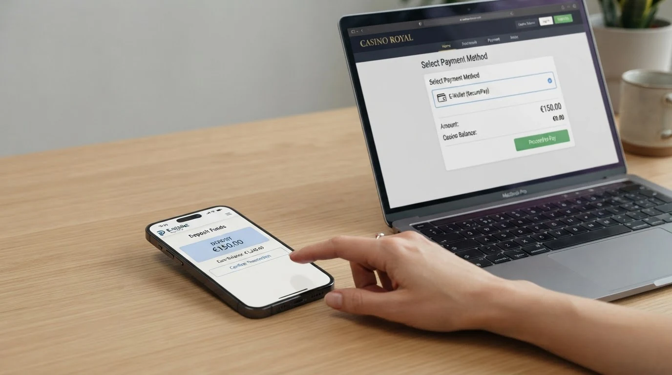 Schritt-für-Schritt-Darstellung: MiFinity-Konto mit Einzahlungs-Button und Bestätigungsbildschirm einer Casino-Kasse
