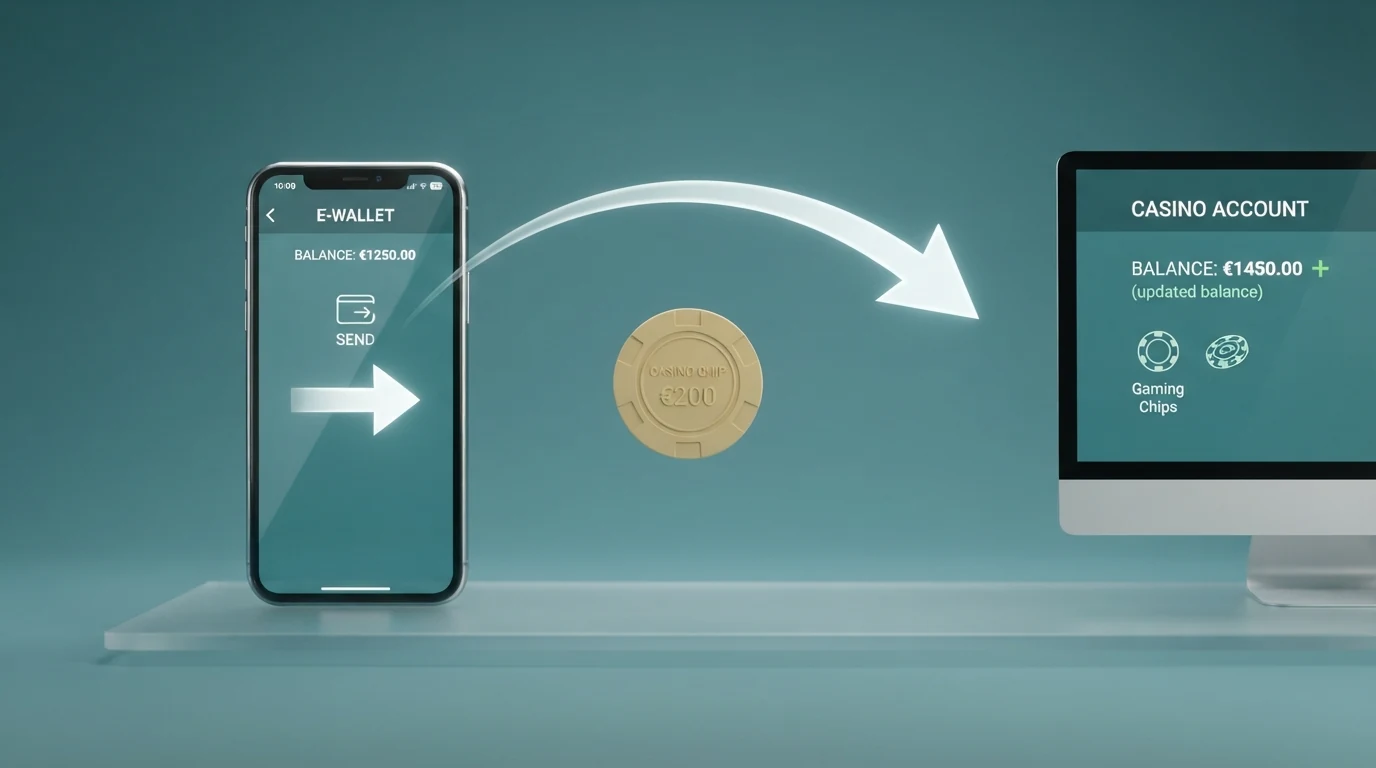 Schematische Darstellung des Zahlungswegs vom Smartphone mit MuchBetter-App über das Casino-Konto und zurück zur MuchBetter-App, mit Zeitangaben für jeden Schritt