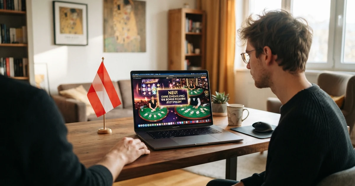 Eine geöffnete Laptop-Tastatur mit einer virtuellen Casino-Lobby auf dem Bildschirm, im Vordergrund eine österreichische Flagge als kleines Symbol