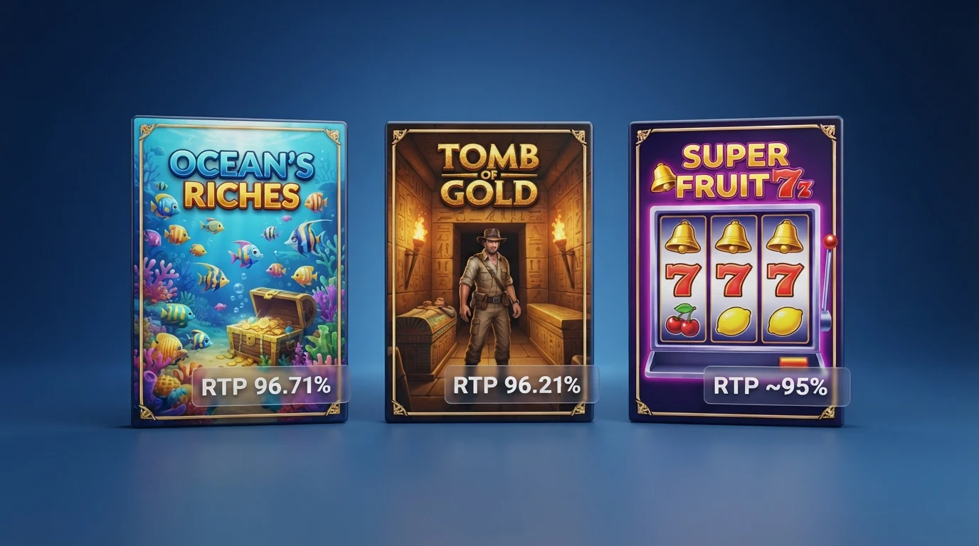 Drei Slot-Cover von Big Bass Splash, Book of Dead und Cash Connection: Golden Sizzling Hot mit ihren RTP-Werten als überlagerte Grafik