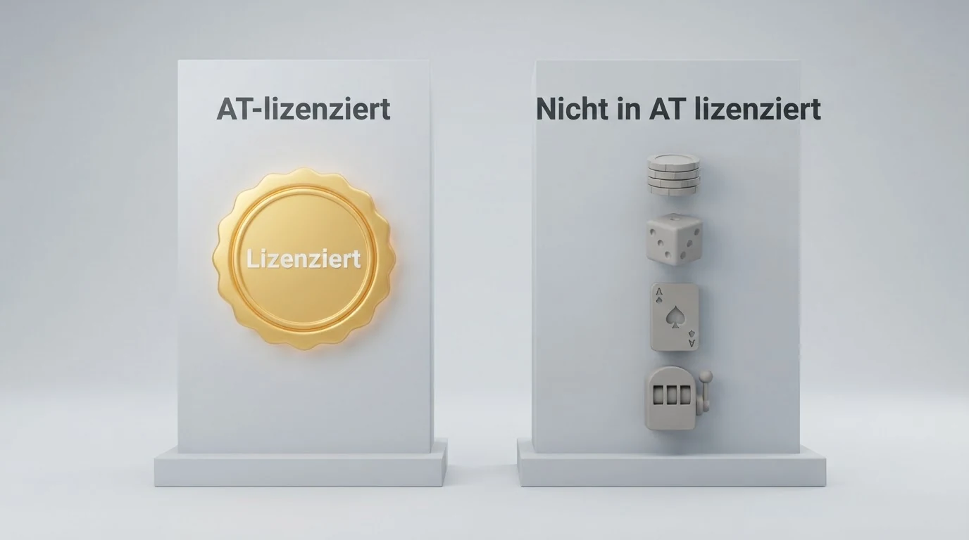 Übersichtsgrafik mit zwei Spalten: „AT-lizenziert“ mit dem win2day-Logo und „Nicht in AT lizenziert“ mit mehreren Casino-Namen