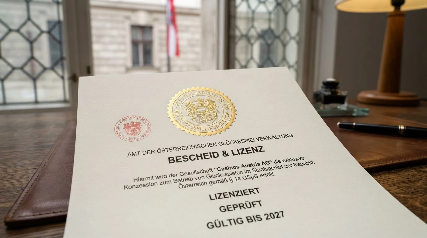 Offizielles Dokument oder Siegel mit Bezug zur österreichischen Glücksspielkonzession, das die exklusive Rechtsstellung eines einzigen Anbieters visualisiert
