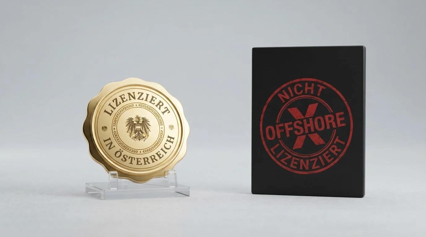 Offizielles österreichisches BMF-Siegel mit Bundesadler neben einem auf „Nicht lizenziert“ gestellten Casino-Lizenz-Symbol