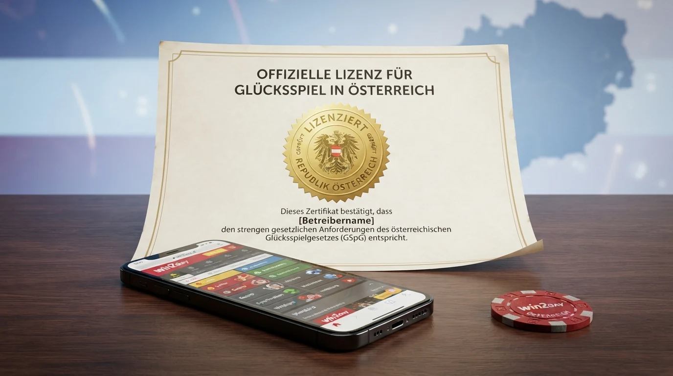Eine stilisierte österreichische Konzessionsurkunde neben einem Smartphone mit geöffnetem win2day-Startbildschirm