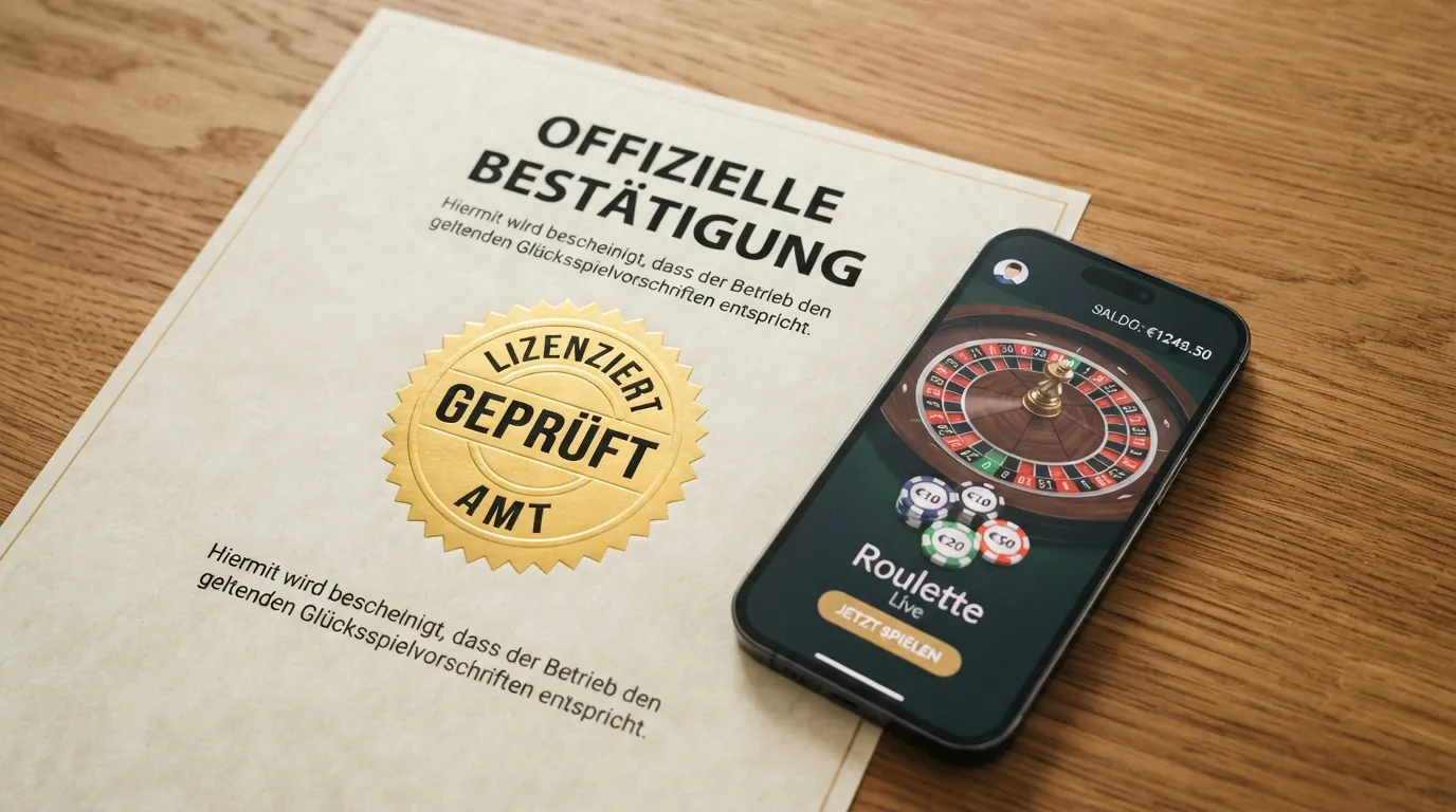 Offiziell wirkendes Dokument mit Bundesadler und Siegel, daneben ein Smartphone mit Casino-App