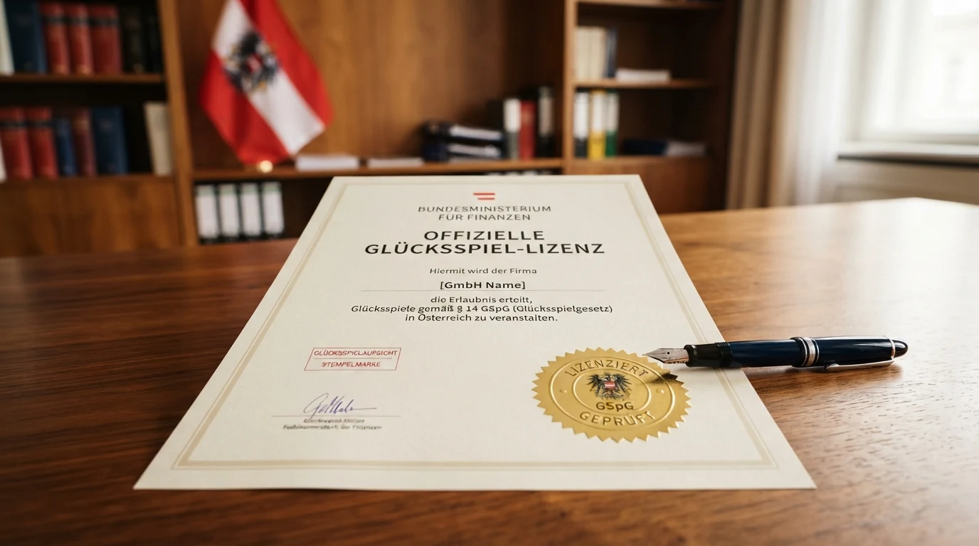 Offizielles Dokument mit Siegel des Bundesministeriums für Finanzen und GSpG-Gesetzestext auf einem Schreibtisch
