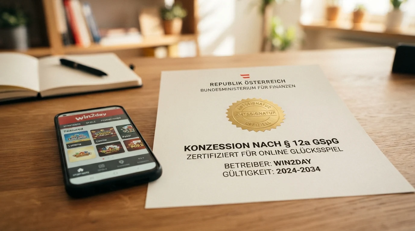 Offizielles Dokument oder Zertifikat mit Siegel des Bundesministeriums für Finanzen und dem Schriftzug „Konzession nach § 12a GSpG“, daneben ein Smartphone mit der win2day-Startseite