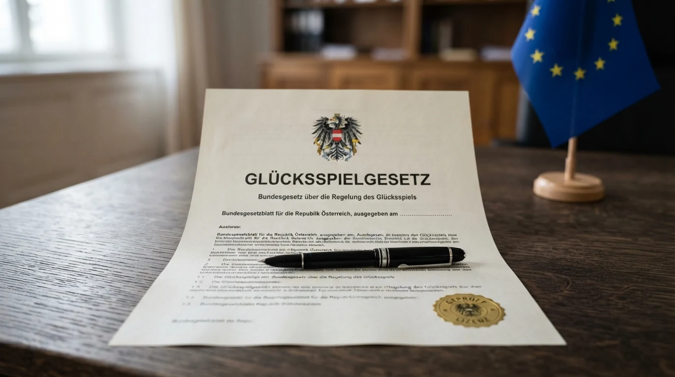 Ein amtliches Dokument mit österreichischem Bundesadler und dem Titel „Glücksspielgesetz“, daneben die EU-Flagge