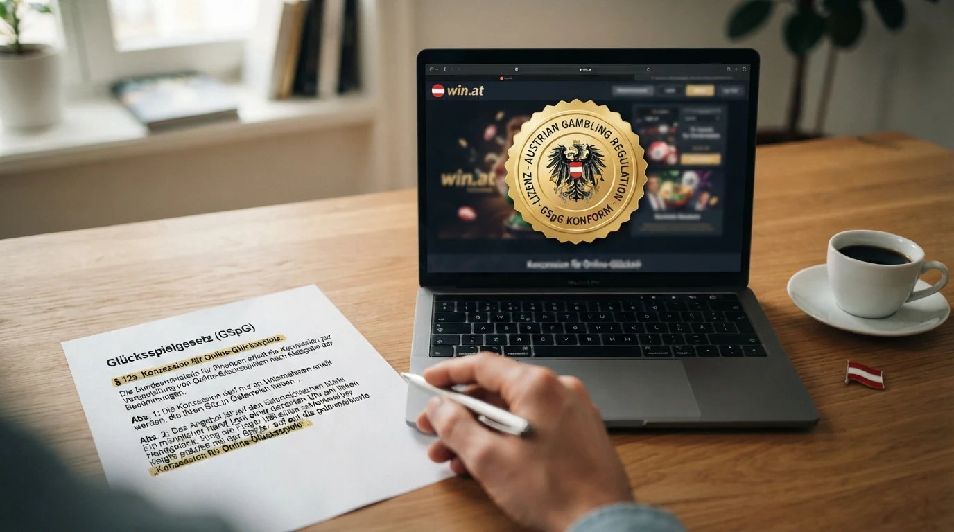 Das offizielle win2day-Logo auf einem Bildschirm, daneben ein Auszug aus dem österreichischen Glücksspielgesetz mit hervorgehobenem § 12a GSpG