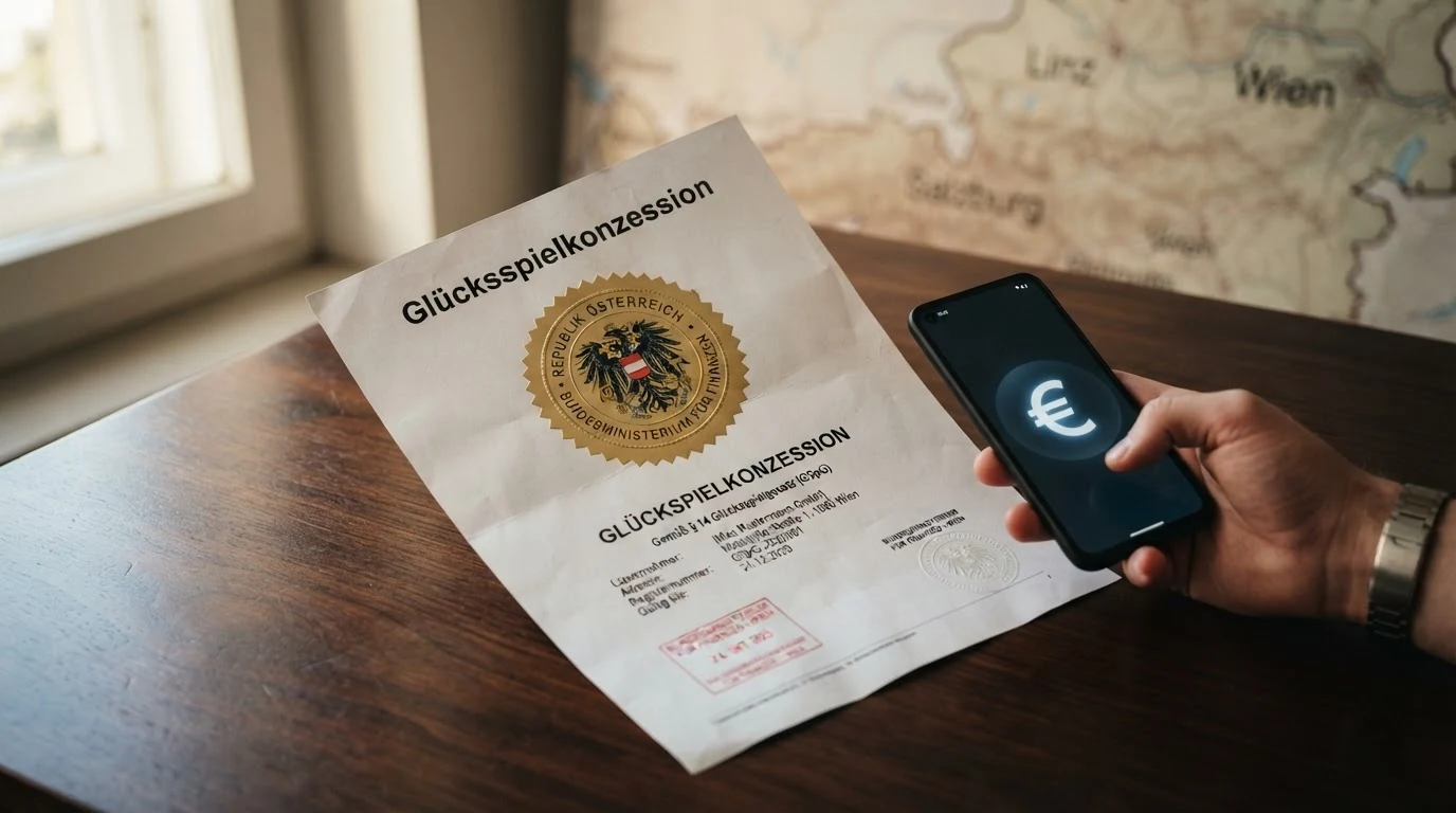 Stilisierte Österreich-Karte mit einem Lizenz-Symbol auf Wien, daneben ein Fragezeichen über den EU-Nachbarländern