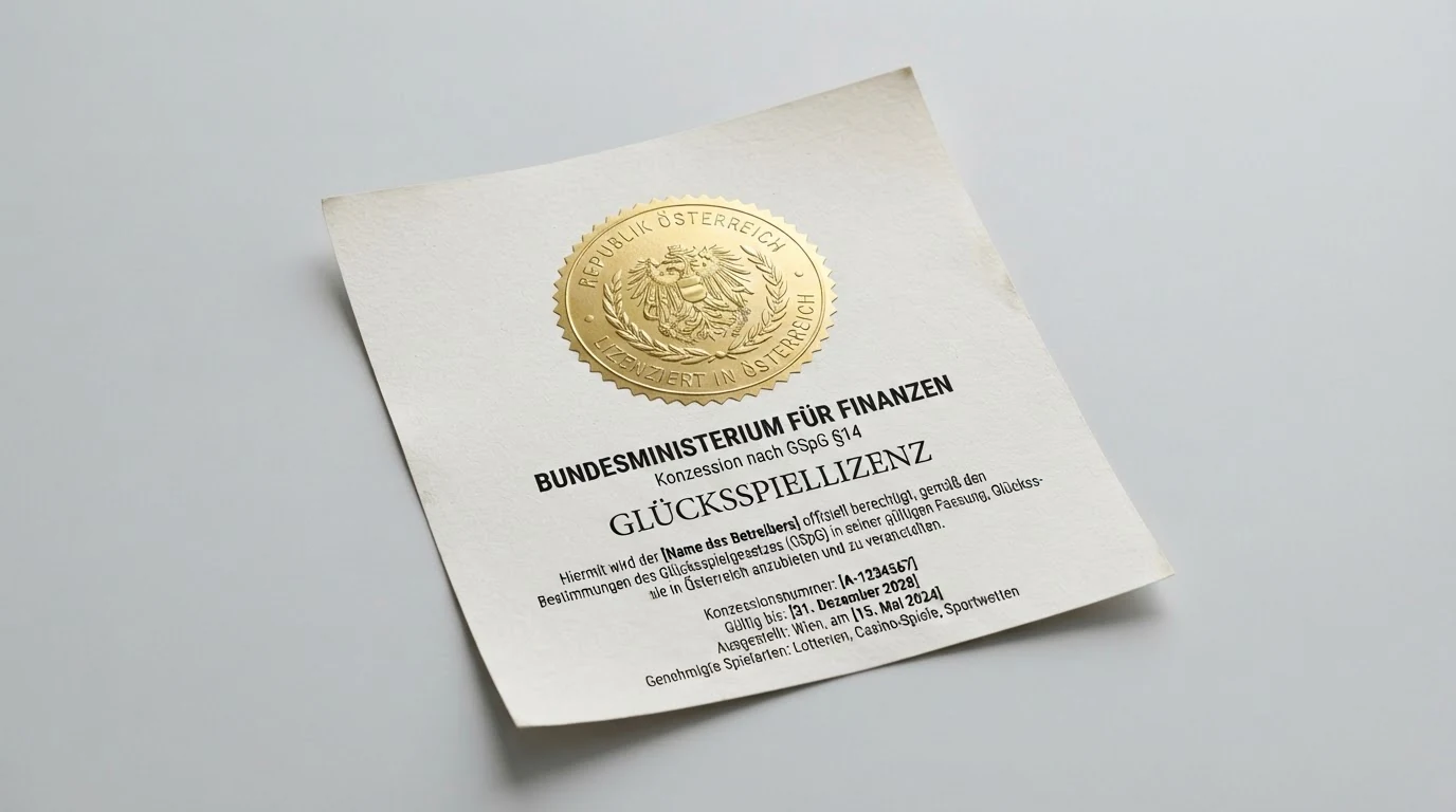 Eine Nahaufnahme des österreichischen Bundesadlers auf einem offiziellen Glücksspiel-Dokument neben dem Logo der BMF und einem Lizenz-Siegel