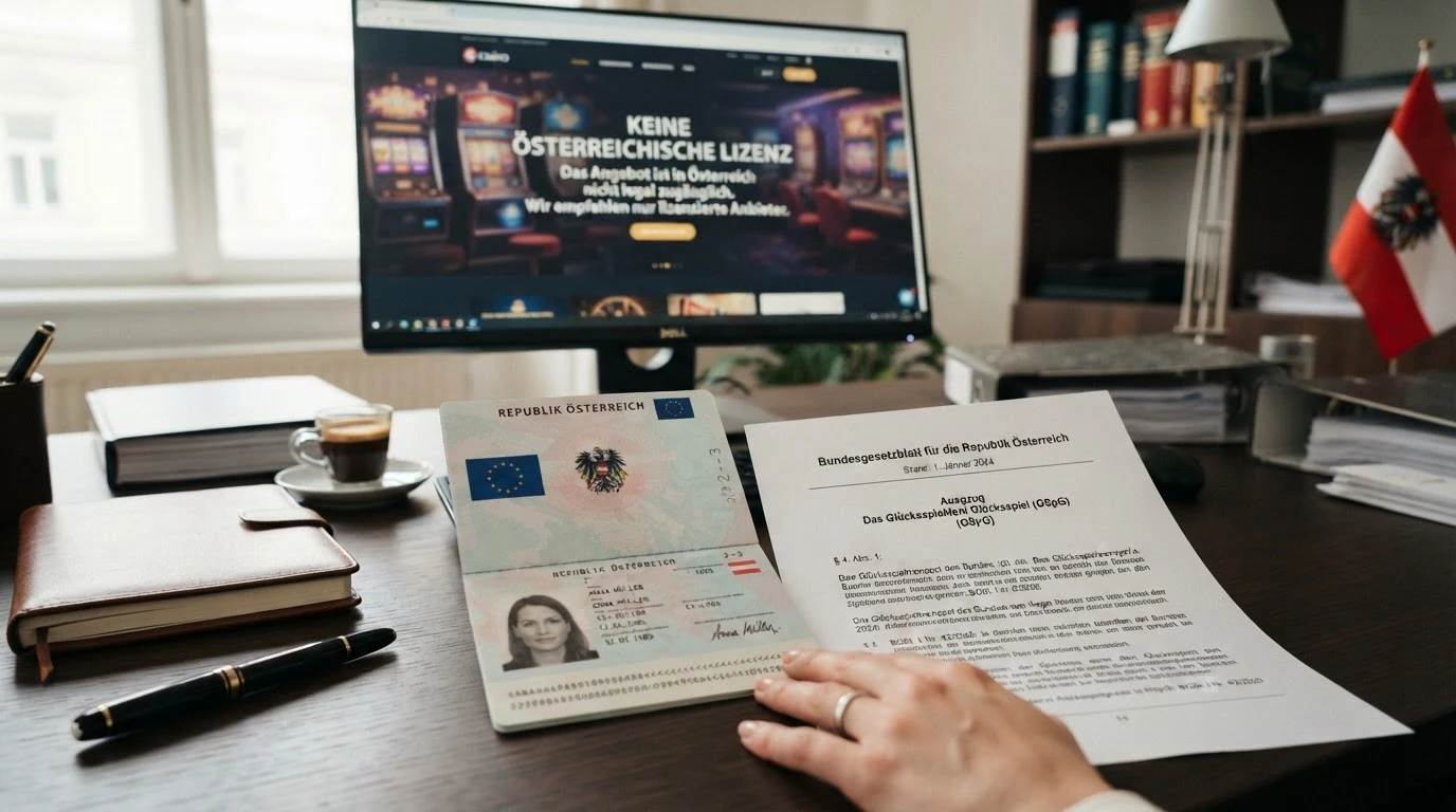 Ein österreichischer Reisepass liegt neben einem aufgeschlagenen GSpG-Dokument und einem Bildschirm der „Keine österreichische Lizenz“ anzeigt