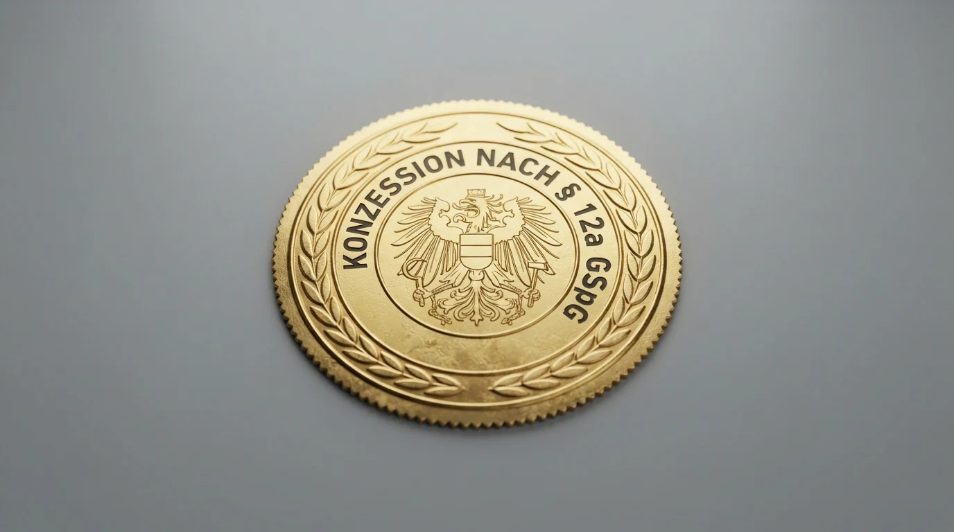 Eine stilisierte Darstellung der österreichischen Glücksspielkonzession mit dem Bundesadler und dem Schriftzug „Konzession nach § 12a GSpG“.