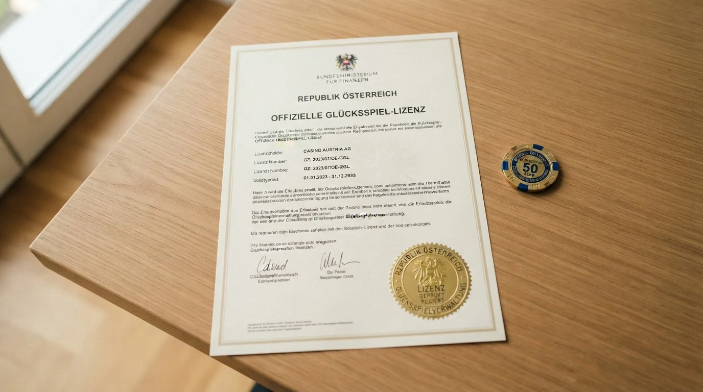 Offizielles BMF-Dokument und Siegel zur österreichischen Glücksspiel-Konzessionierung neben dem Logo der einzigen lizenzierten Plattform
