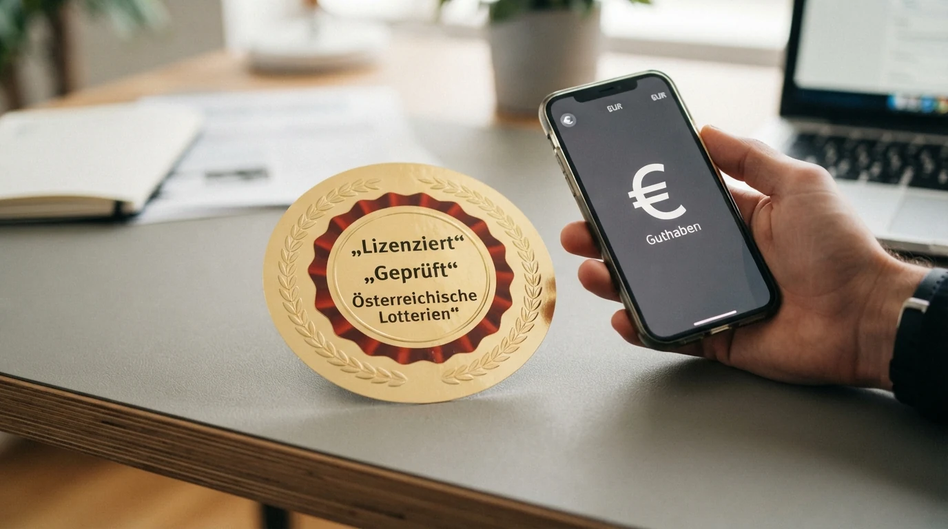 Offizielles Siegel der österreichischen Glücksspielkonzession mit dem Schriftzug „Konzessionär: Österreichische Lotterien GmbH — win2day“